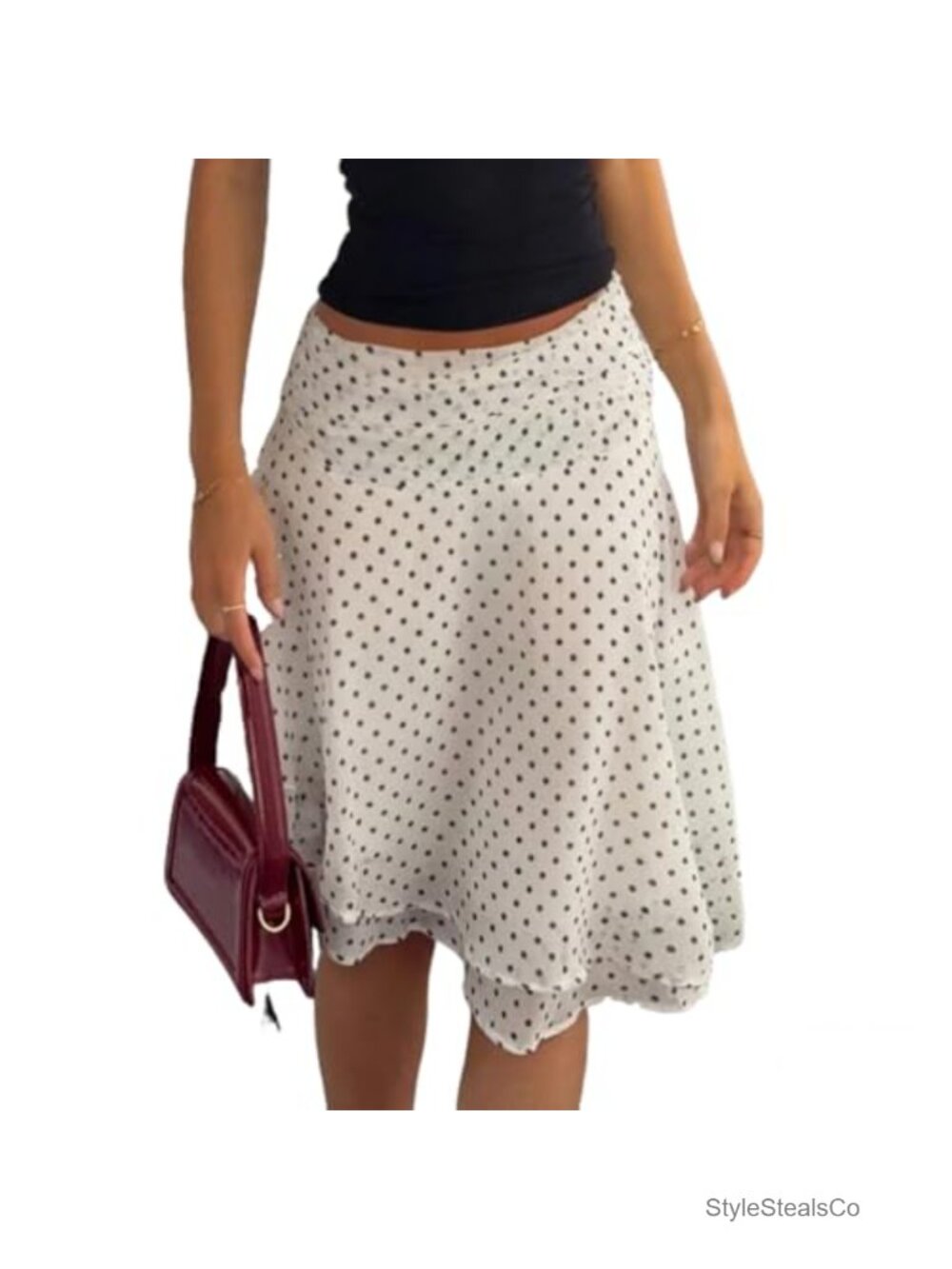 Women Y2K Polka Dot Mesh Midi Skirt Asymmetrical Ruffle Hem Drop Waist